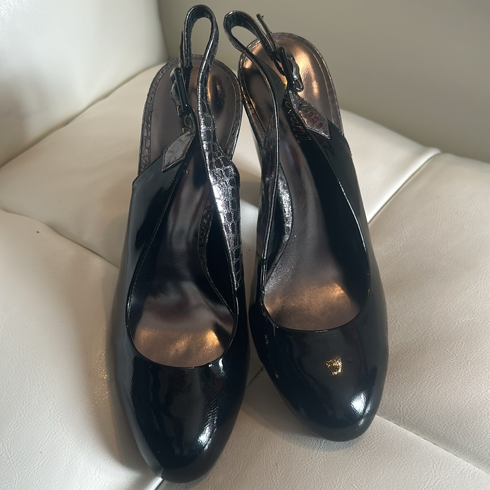 🌸 Devani Women’s Shoes Black Heel Slingback Shiny Leather Size 7M Made in Italy